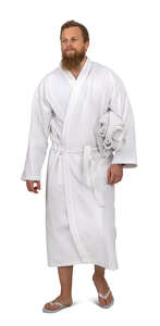 man in a white spa bathrobe walking