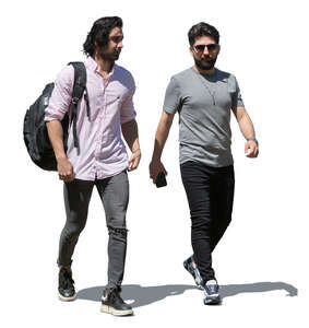 two cut out dark haired men walking