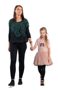 woman walking hand in hand with her daughter