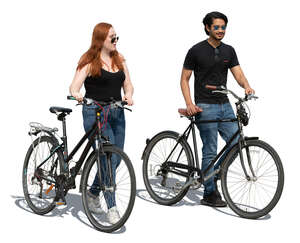 man and woman with bikes walking side by side