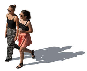 two young women walking seen from above