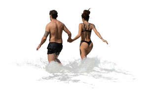 couple running swimming hand in hand