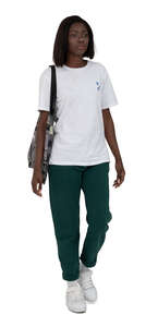 black woman in a white tshirt walking