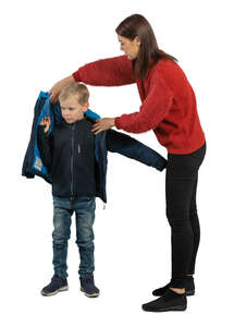 cut out teacher helping a schoolboy get dressed