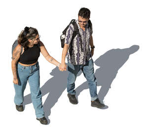 cut out couple walking hand in hand seen from above