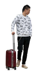 cut out asian man with a suitcase walking and looking at smth