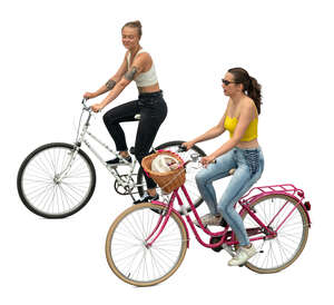 two young women cycling seen from above