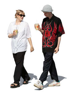 two cut out people walking and drinking coffee