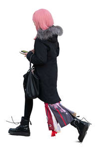 cut out pink haired woman walking