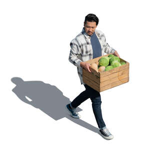 man carrying a big crate of vegetables seen from above