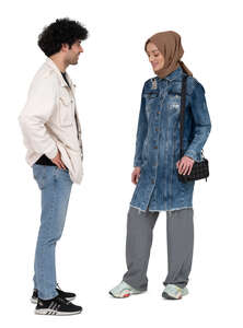 cut out young muslim man and woman standing and talking