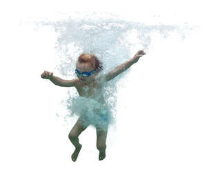 underwater view of a little boy jumping into water