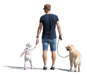 man with a baby girl and a dog walking outside in summer