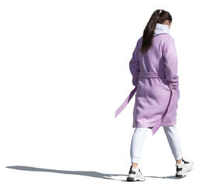 woman in a purple overcoat walking