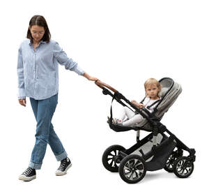 woman with a stroller walking