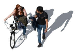 woman with a bike and a man walkin seen from top