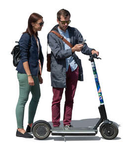 man and woman standing and renting and electric scooter