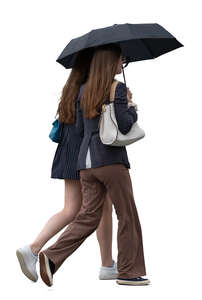 two young women with umbrella walking on a rainy day