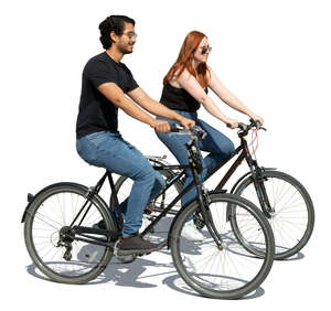 man and woman riding a bicycle side by side