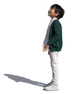 little asian boy standing and looking up