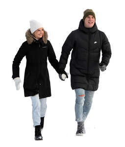 couple in winter running hand in hand