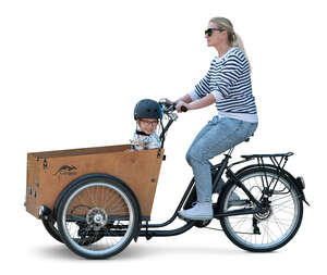 woman riding a cargo bike with her daughter