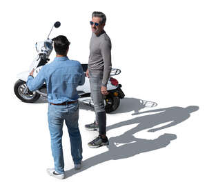 top view of two men standing by the motor scooter