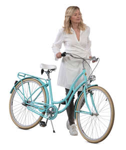 woman with a light blue bicycle walking