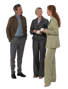group of three people at office standing and drinking coffee