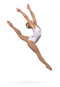 acrobat in white bodysuit jumping