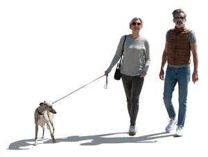 backlit man and woman walking a dog