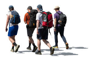 four men with backpacks going hiking