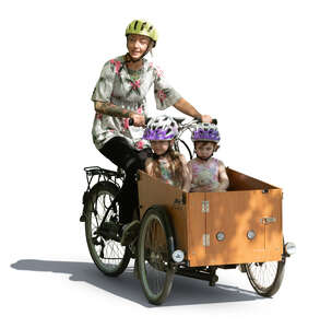 woman with kids riding a cargo bike in partial sunlight