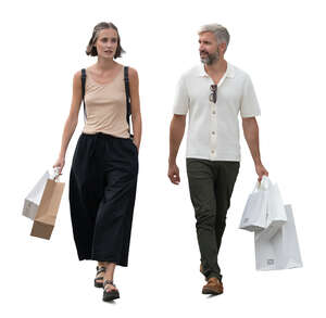 man and woman with shopping bags walking