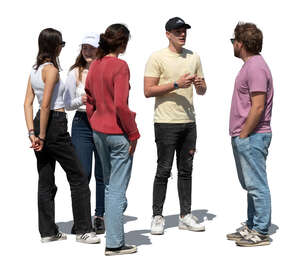 group of friends standing and talking outside in the sun