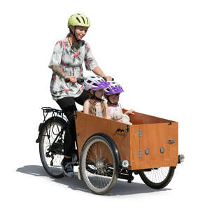 woman with two kids riding a cargo bike