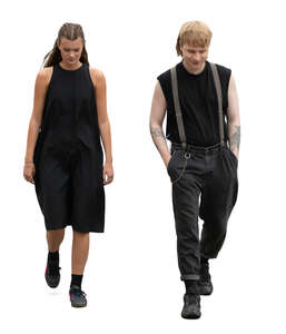 man and woman in black walking side by side