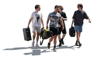 backlit group of men with heavy bags walking