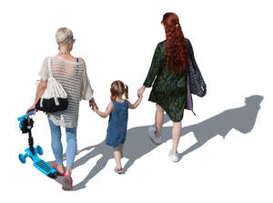 two women and a little girl walking hand in hand seen from above