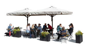 street cafe with parasols and people sitting and talking