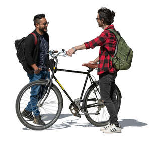 man with a bicycle stopping and talking to a friend