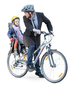 man riding a back with his daughter sitting in a kids seat