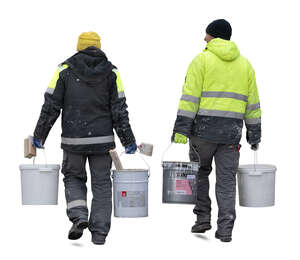 two workmen carrying large buckets