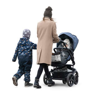 woman with a child and a baby stroller walking