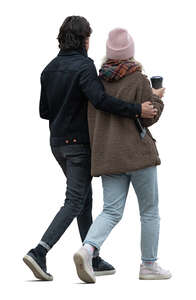 couple in winter walking and drinking coffee