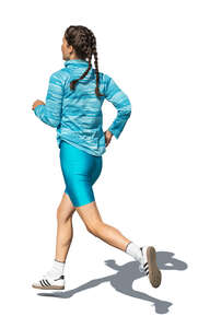 woman in blue workout clothes jogging