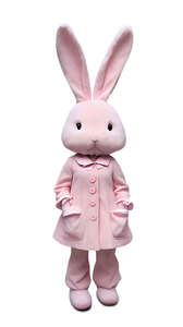 person in a pink rabbit costume standing