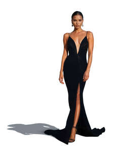 woman in a black evening dress standing