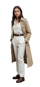 young woman wearing a trenchcoat standing