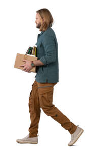 man carrying a box of old records